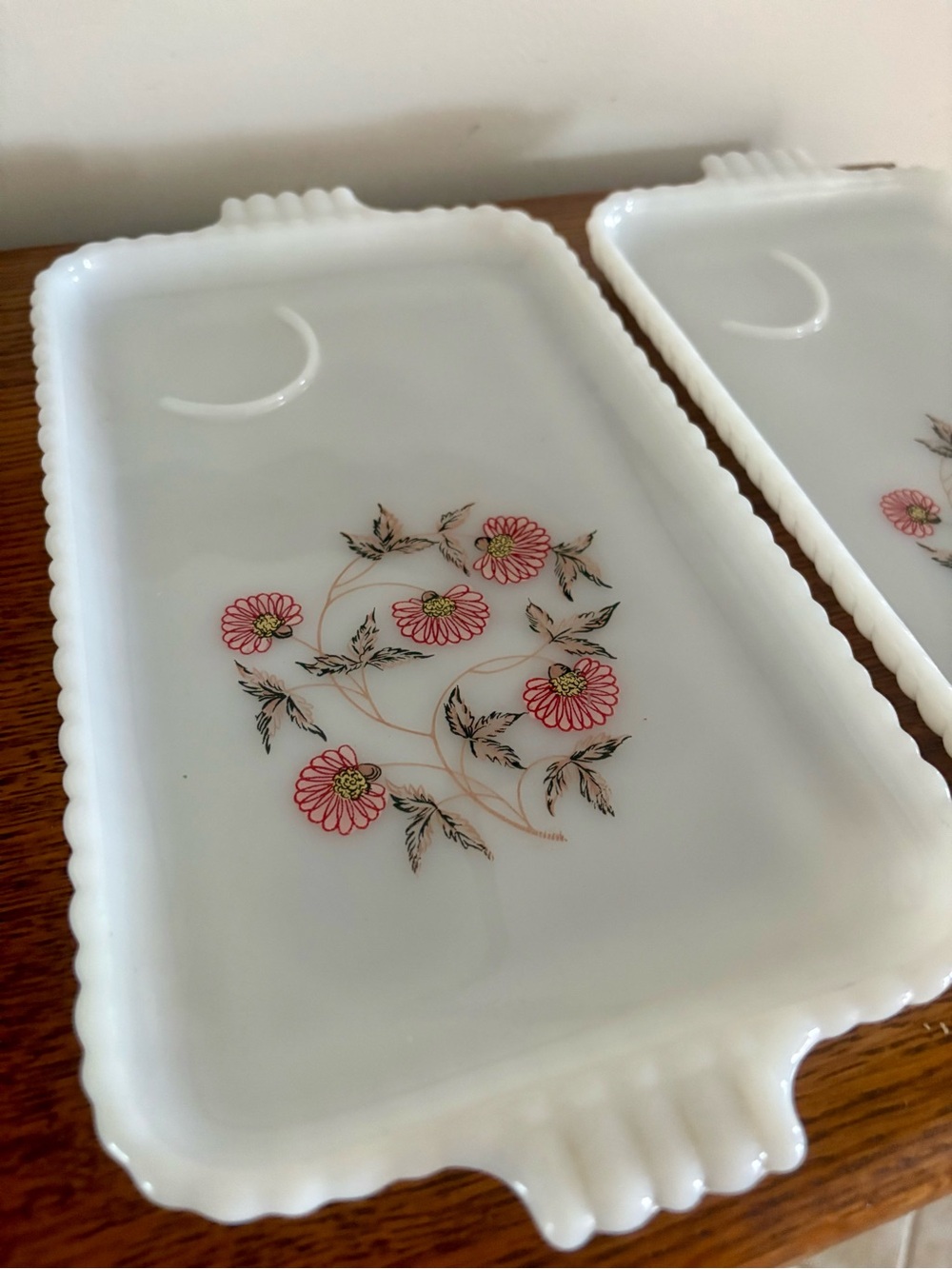 Anchor Hocking Fleuretre White Milk Glass Floral Trays - Pink Flower Motif